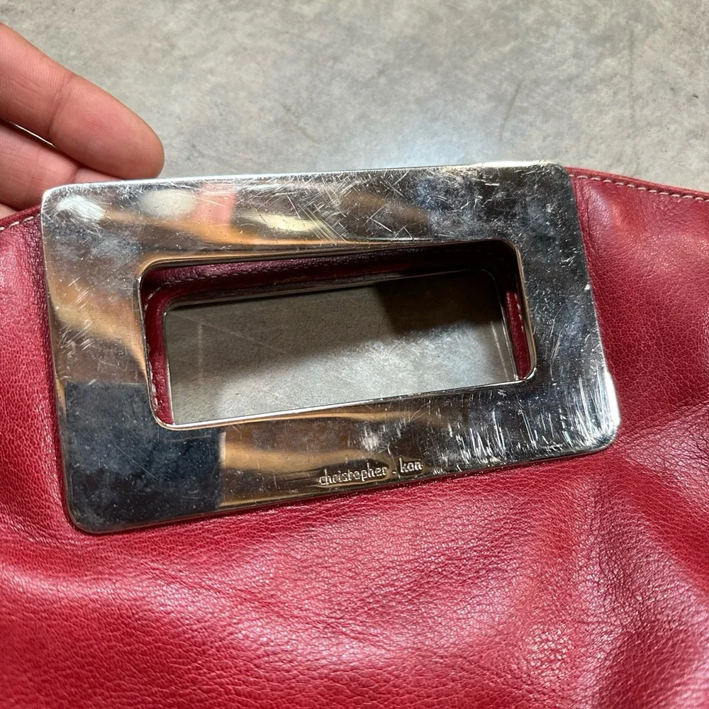 Christopher Kon Canadian Designer Red Leather Clutch with Heavy Metal Handle - Picture 4 of 13
